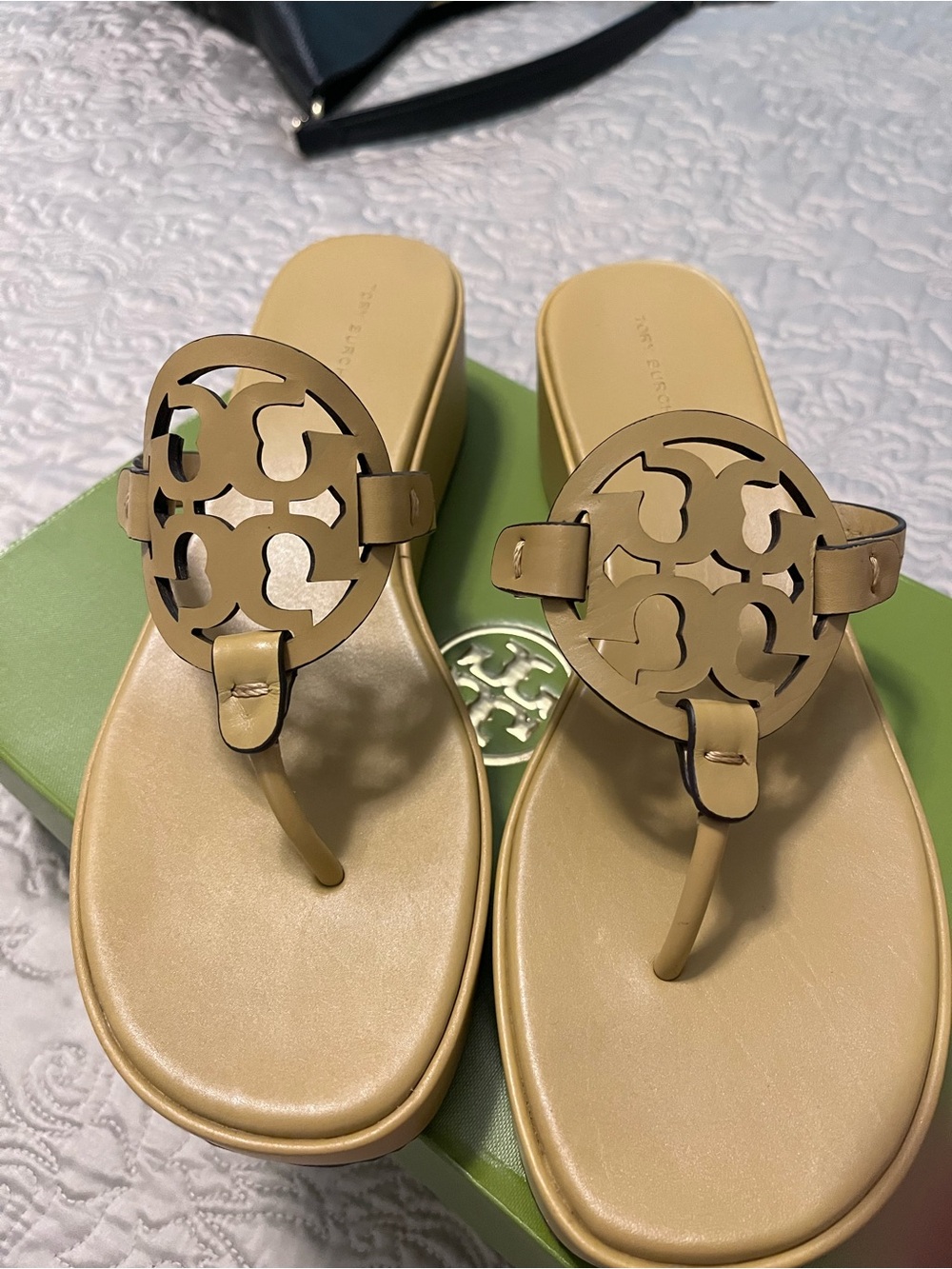 Tory Burch Beige Tan Logo Thong Miller Sandals